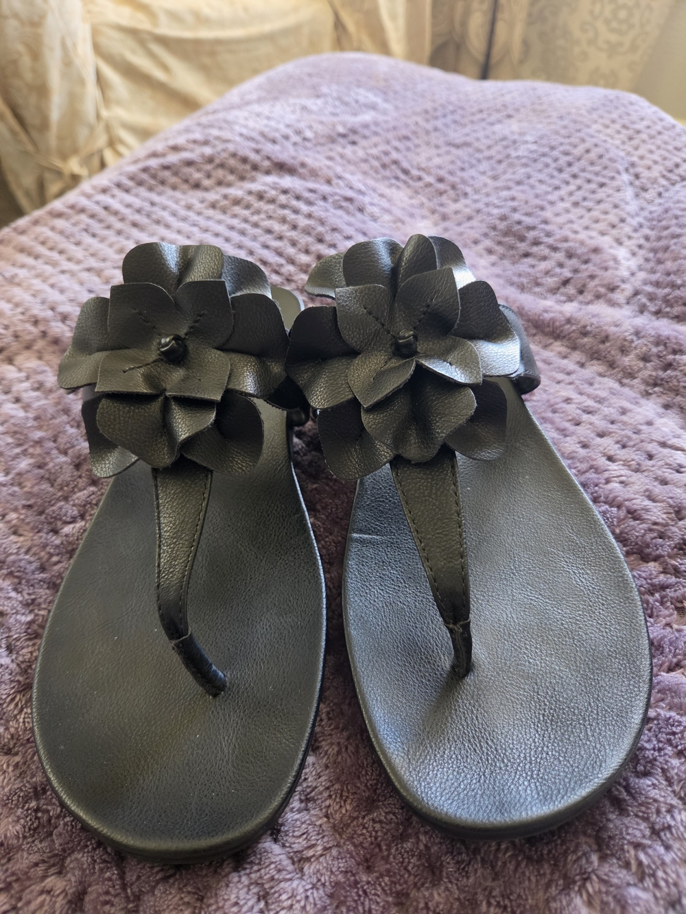 b.o.c. Black Floral Thong Sandals with Layered Flower Accent